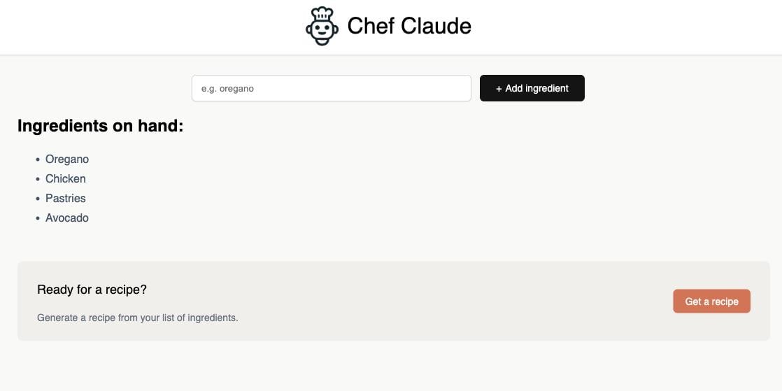 A cropped picture of Chef Claude featuring a icon of a robot at the top wearing a chef´s hat and a input box.
