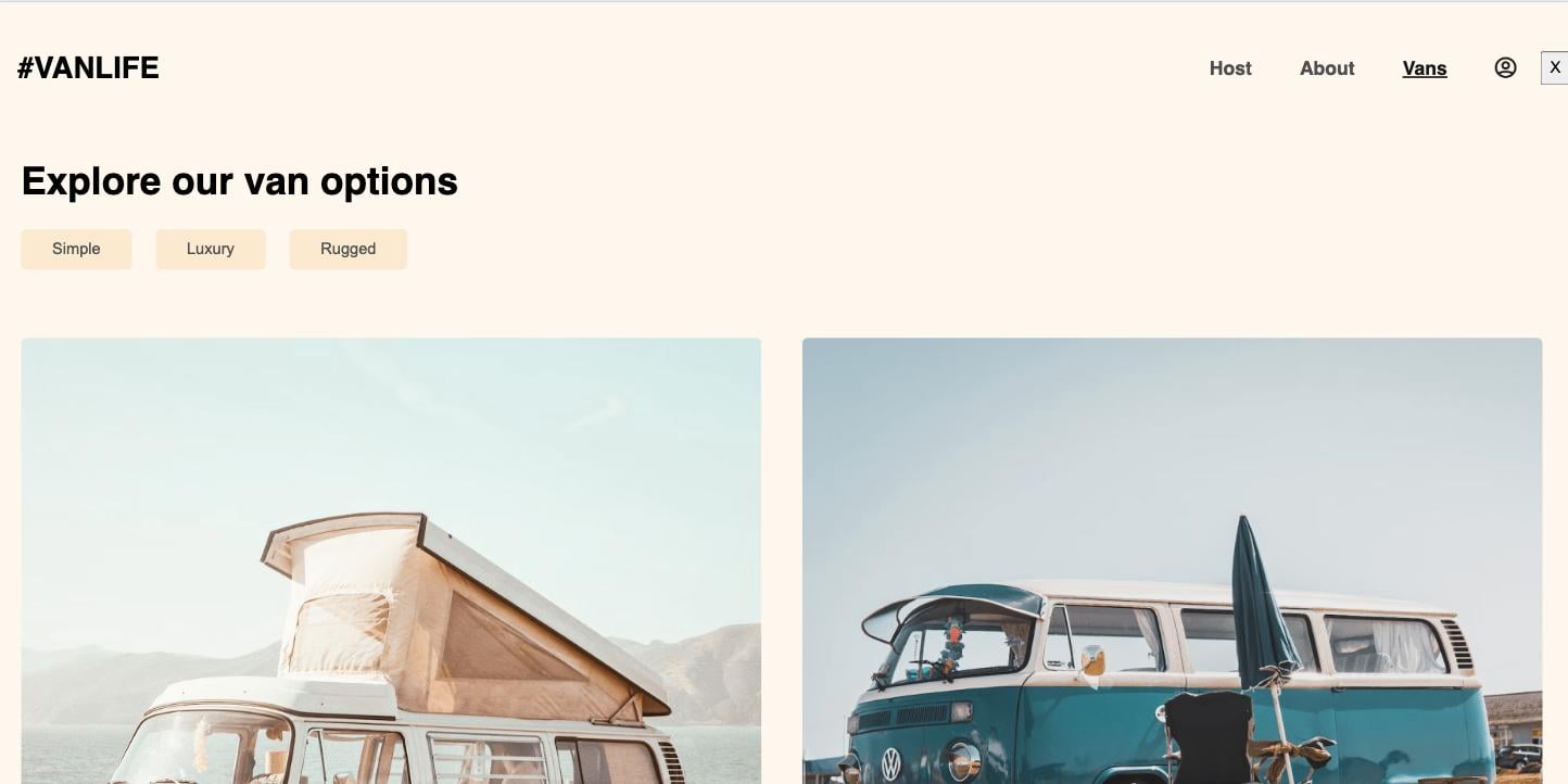 A screenshot of the VanLife user interface, with beige background, featuring a navigation bar, sorting capabilities and product pictures.